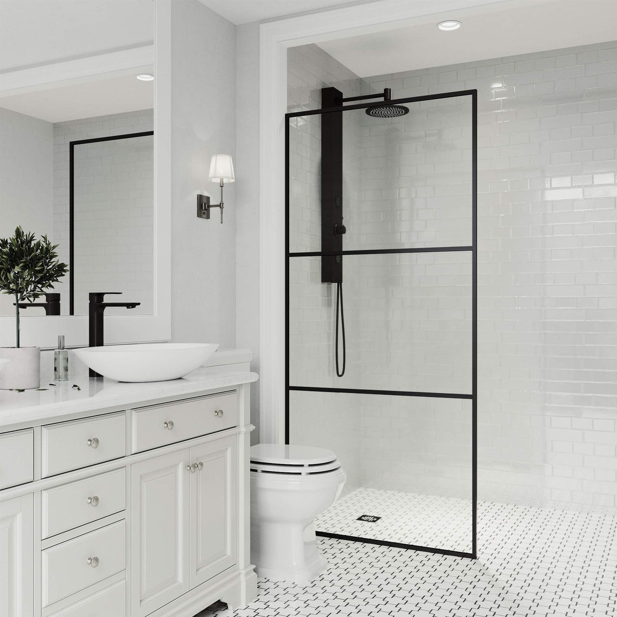VIGO 34"W x 74"H Divide Framed Fixed Rectangle Shower Screen with Clear Tempered Glass, Door Handle and Stainless Steel Hardware in Matte Black-VG6090MBCL3474