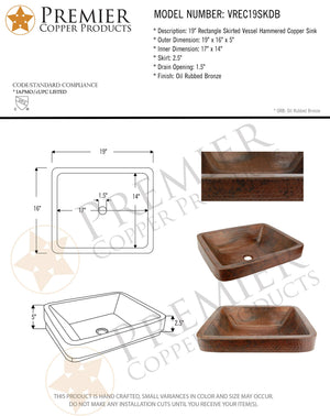 Premier Copper Products VREC19SKDB Rectangle Skirted Vessel Hammered Copper Sink, Oil Rubbed Bronze