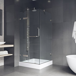 VIGO 36 in. x 36 in. x 79 in. Monteray Frameless Hinged Square Shower Enclosure with Clear 0.38" Tempered Glass and Hardware in Brushed Nickel Finish with Reversible Handle and Base - VG6011BNCL363W
