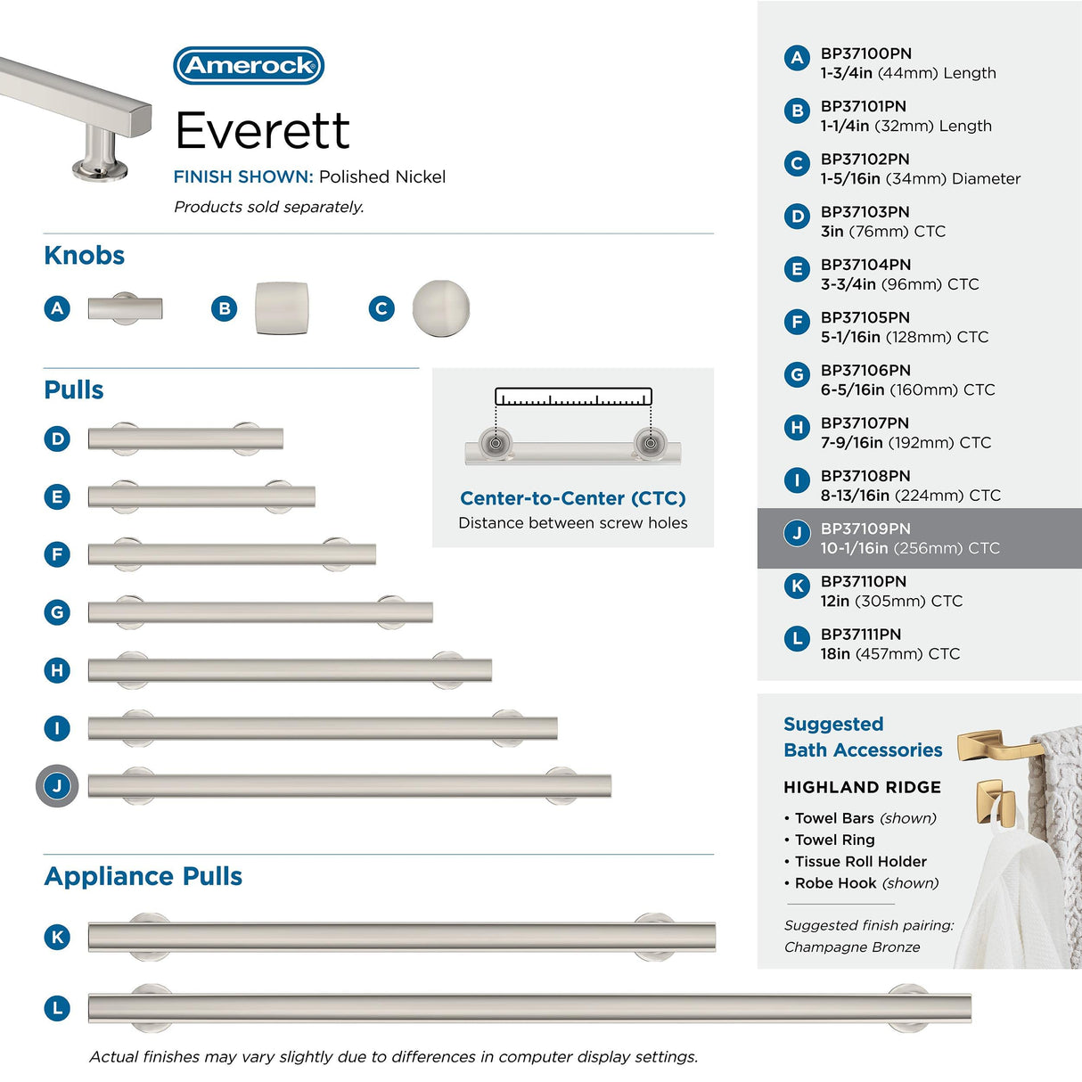 Amerock Corp BP37109PN Everett Pull, 10-1/16 in (256 mm) Center-to-Center, Polished Nickel