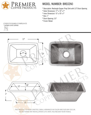 Premier Copper Products BRECEN3 17-Inch Rectangle Copper Prep Sink in Nickel w/ 3.5-Inch Drain Opening