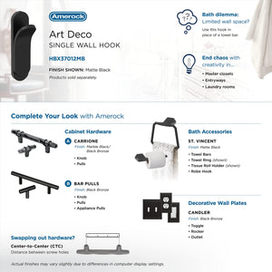 Amerock HBX37012MB Unison Single Prong Decorative Wall Hook Matte Black Hook for Coats, Hats, Backpacks, Bags Hooks for Bathroom, Bedroom, Closet, Entryway, Laundry Room, Office