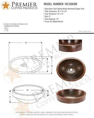 Premier Copper Products VO18SKDB 18" Oval Skirted Vessel Hammered Copper Sink