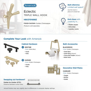 Amerock HBX37016BBZ Kodiak Triple Prong Decorative Wall Hook Golden Champagne Hook for Coats, Hats, Backpacks, Bags Hooks for Bathroom, Bedroom, Closet, Entryway, Laundry Room, Office