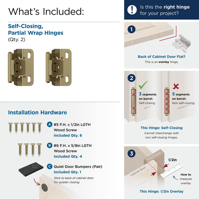 Amerock BPR7550BBZ Cabinet Hinge 1/2 in (13 mm) Overlay Self Closing Partial Wrap Golden Champagne Kitchen Cabinet Door Hinge 1 Pair/2 Pack Functional Hardware
