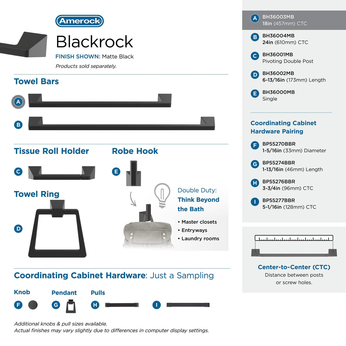 Amerock BH36003MB Matte Black Towel Bar 18 in (457 mm) Towel Rack Blackrock Bathroom Towel Holder Bathroom Hardware Bath Accessories