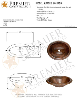 Premier Copper Products LO18RDB 18-Inch Wide Rim Oval Self Rimming Hammered Copper Sink, Oil Rubbed Bronze