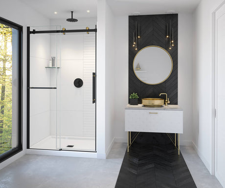 MAAX 138465-900-380-000 Vela 44 ½-47 x 78 ¾ in. 8mm Sliding Shower Door with Towel Bar for Alcove Installation with Clear glass in Matte Black and Brushed Gold