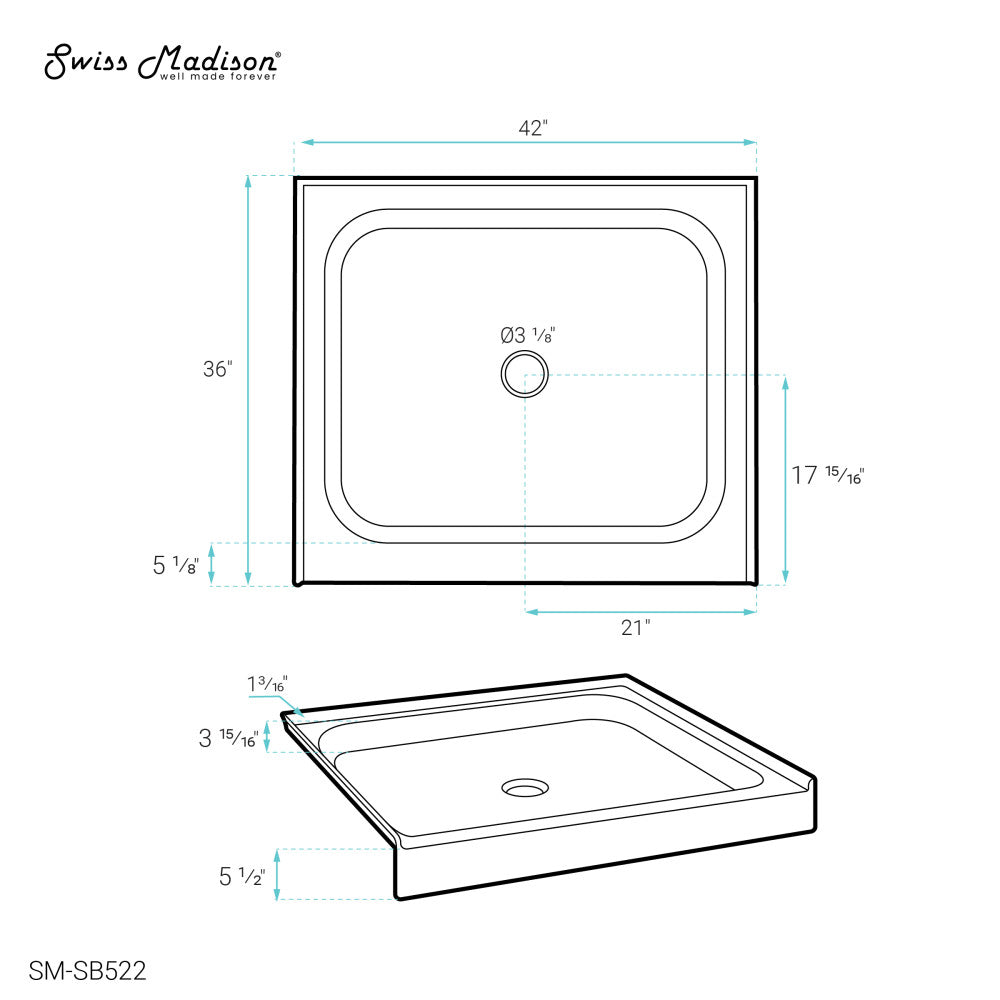 Voltaire 42 x 36 Acrylic White, Single-Threshold, Center Drain, Shower Base