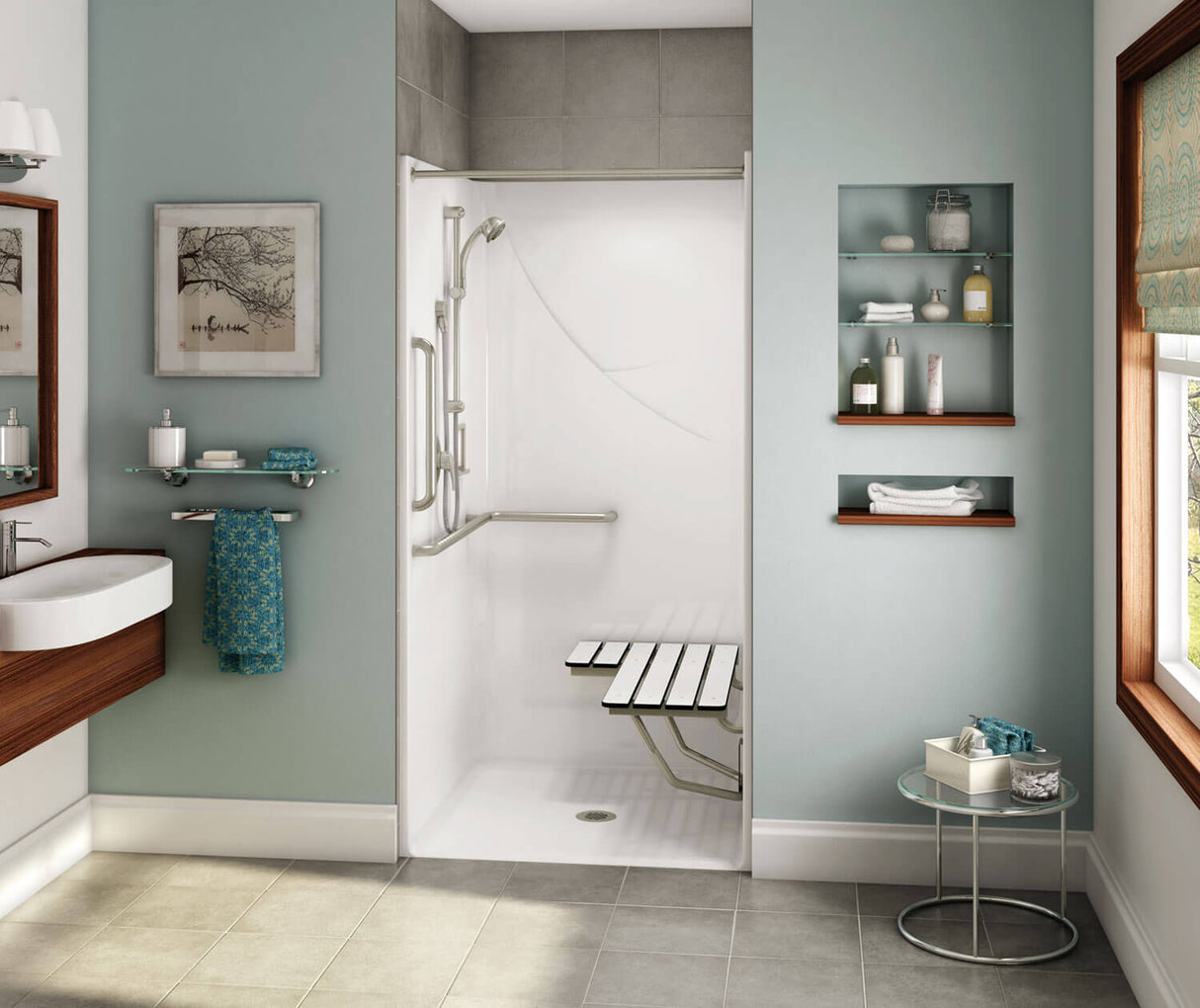 MAAX 106033-000-002-111 OPS-3636 - Complete Accessibility Package with Vertical Grab Bar AcrylX Alcove Center Drain One-Piece Shower in White