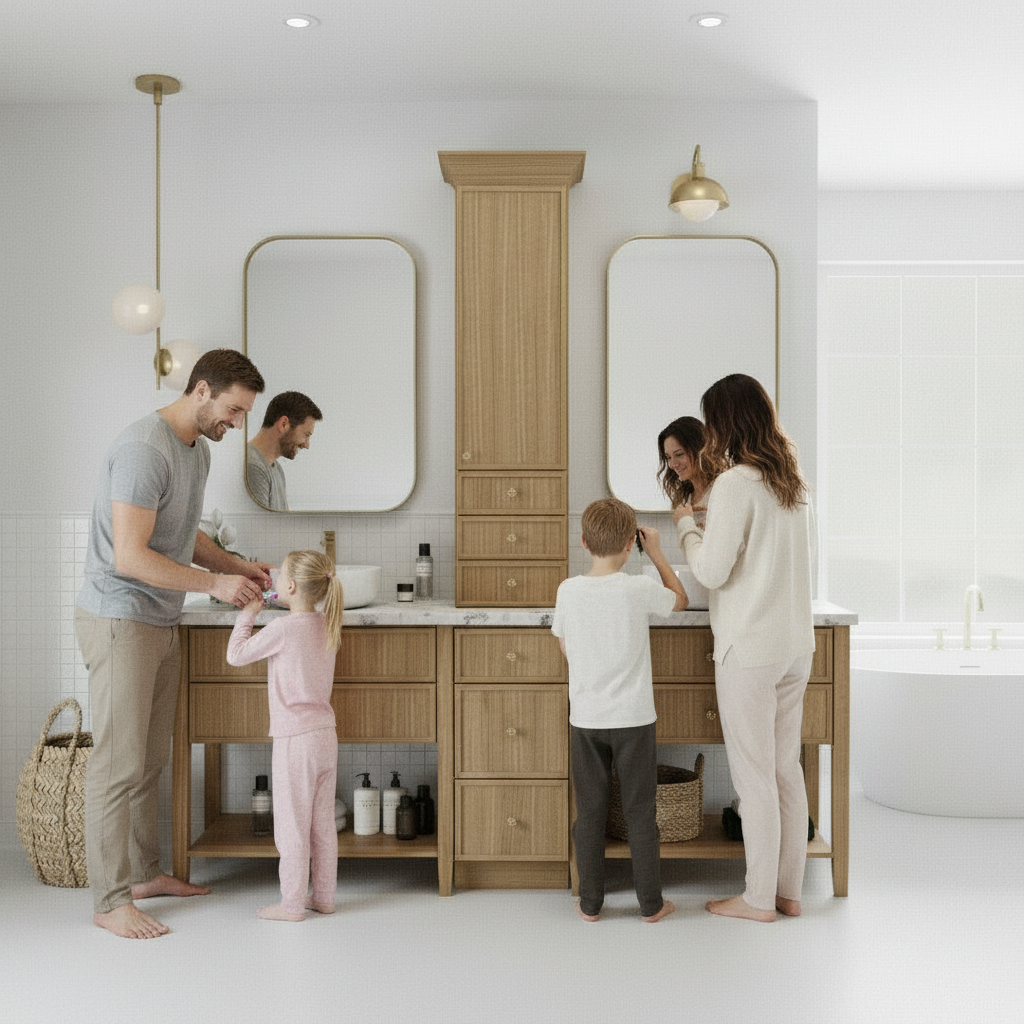 84" PoshHaus White Oak Double Vanity Suite Oslo Oak Bathroom Vanity w/ Tower & Stone Top