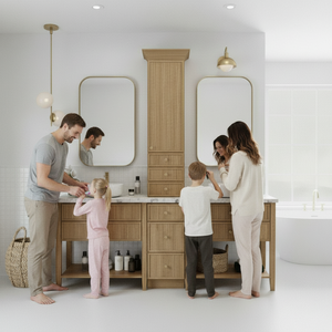 84" PoshHaus White Oak Double Vanity Suite Oslo Oak Bathroom Vanity w/ Tower & Stone Top