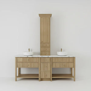 84" PoshHaus White Oak Double Vanity Suite Oslo Oak Bathroom Vanity w/ Tower & Stone Top
