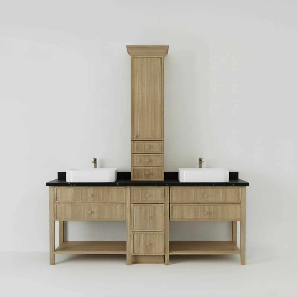84" PoshHaus White Oak Double Vanity Suite Oslo Oak Bathroom Vanity w/ Tower & Stone Top