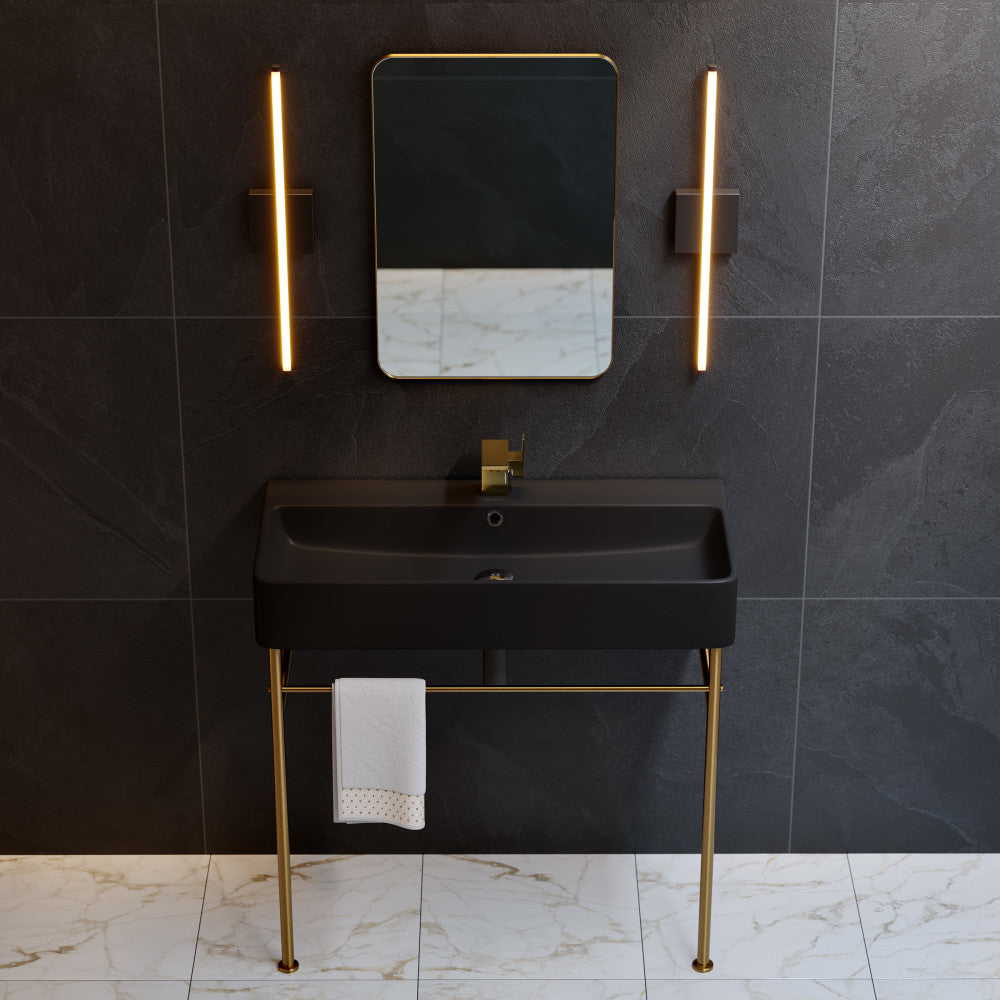 Carre 36 Ceramic Console Sink Matte Black Basin Brushed Gold Legs