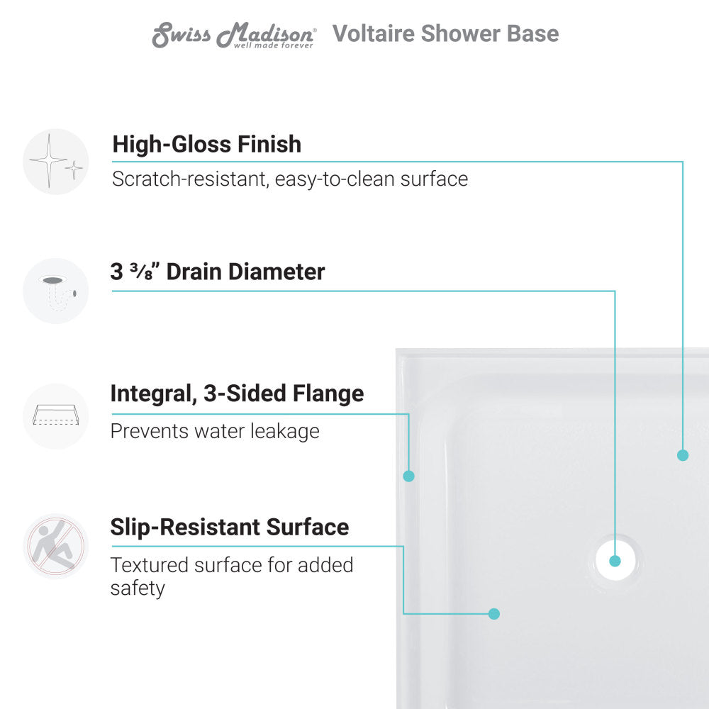 Voltaire 42 x 42 Acrylic White, Single-Threshold, Center Drain, Shower Base