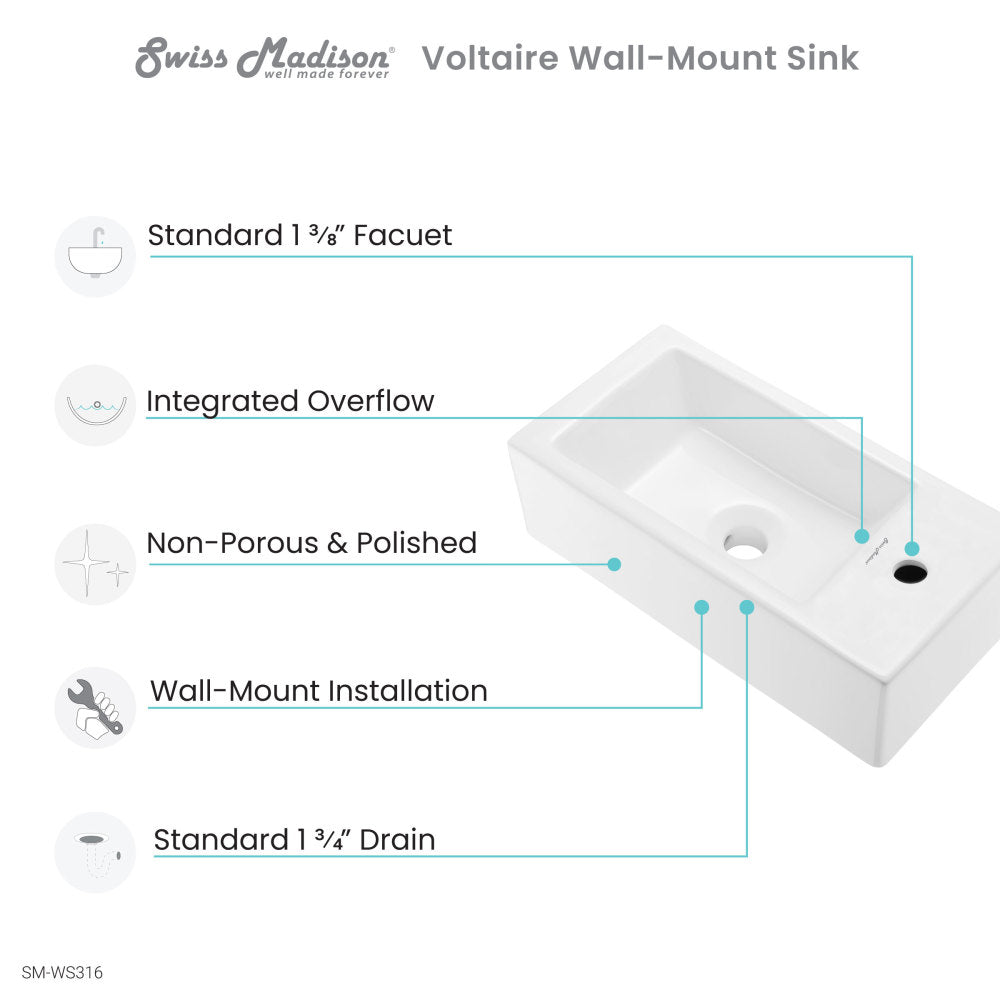 Voltaire 19.5 x 10 Rectangular Ceramic Wall Hung Sink with Right Side Faucet Mount