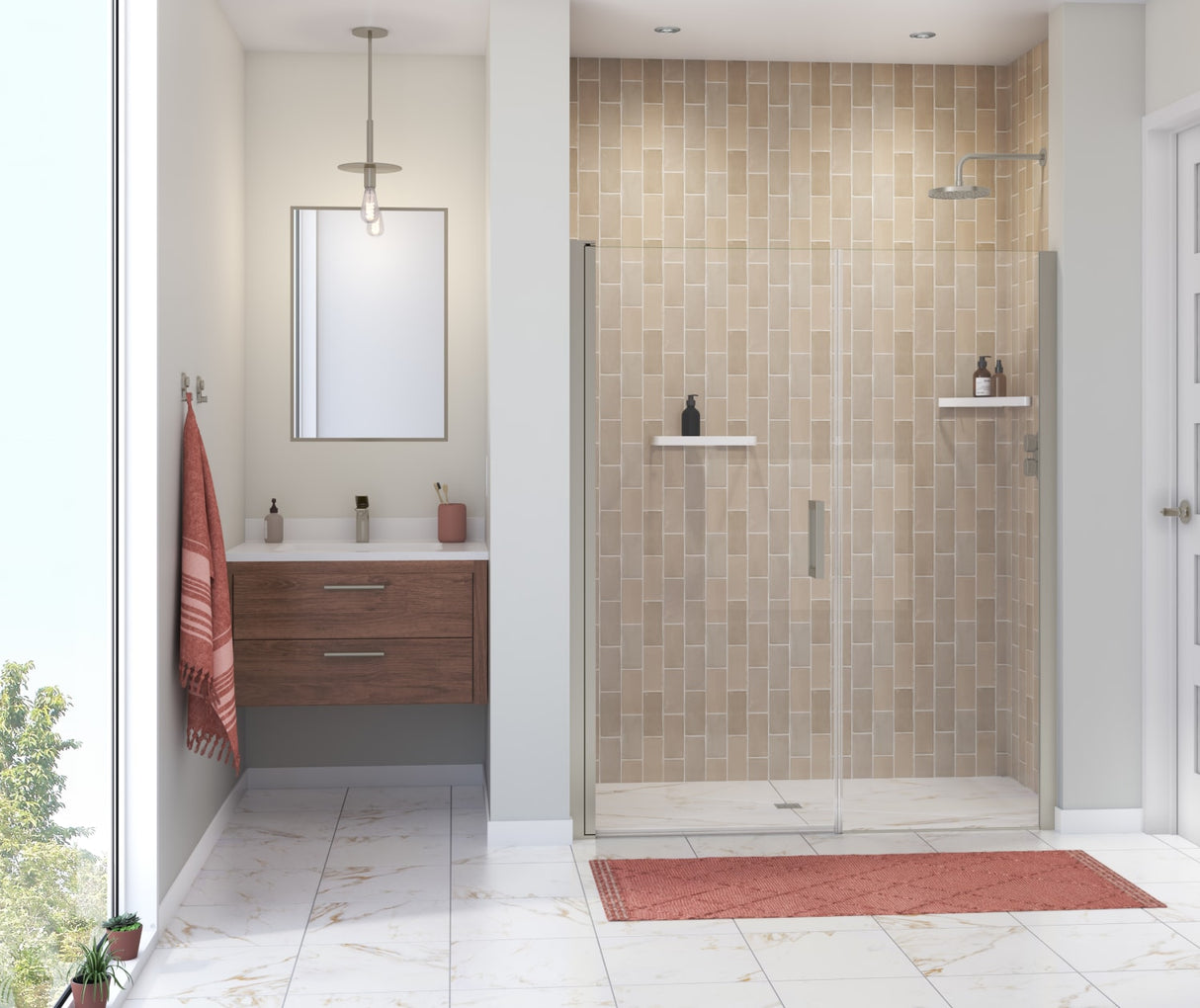 MAAX 138277-900-305-101 Manhattan 57-59 x 68 in. 6 mm Pivot Shower Door for Alcove Installation with Clear glass & Square Handle in Brushed Nickel