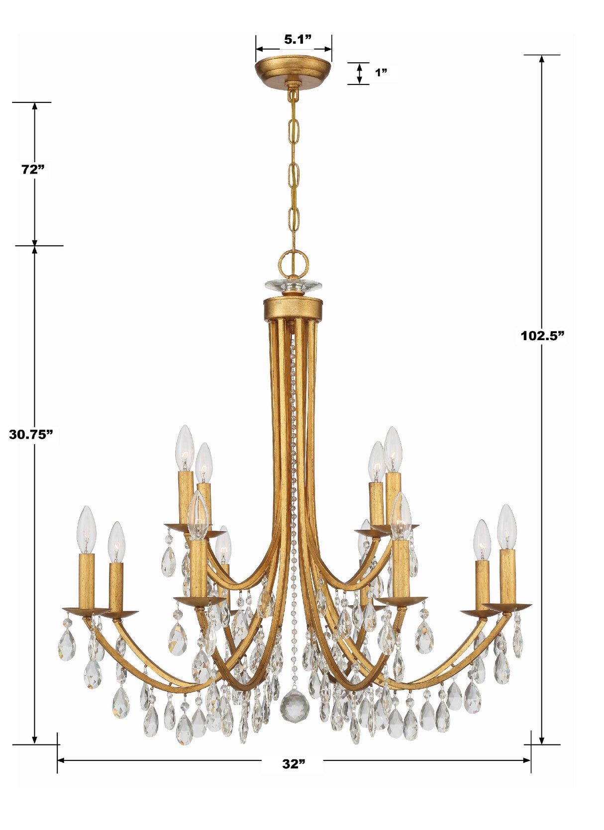 Bridgehampton 12 Light Hand Cut Crystal Antique Gold Chandelier 8829-GA-CL-MWP