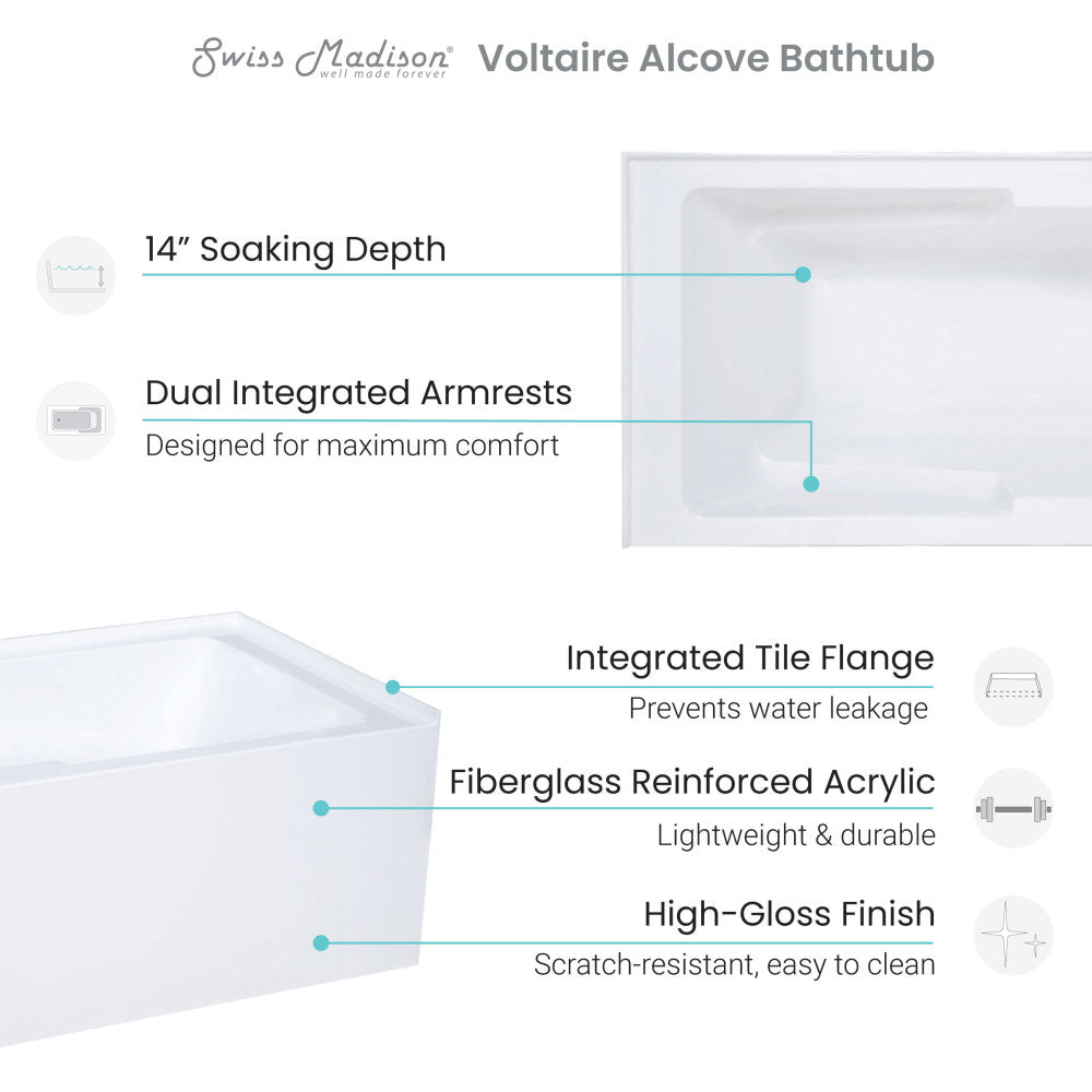 Voltaire 54" X 30" Left-Hand Drain Alcove Bathtub with Apron & Armrest