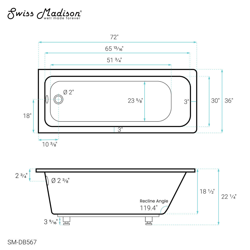 Voltaire 72" x 36" Reversible Drain Drop-In Bathtub