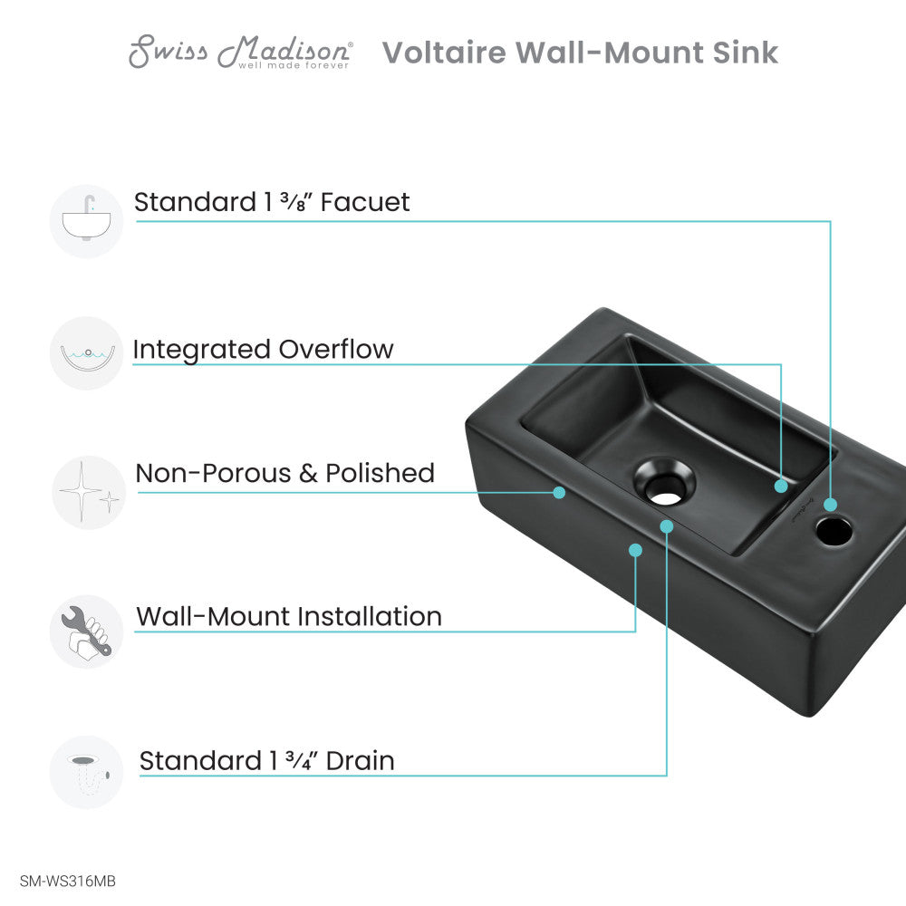 Voltaire 19.5 x 10 Rectangular Ceramic Wall Hung Sink with Right Side Faucet Mount, Matte Black