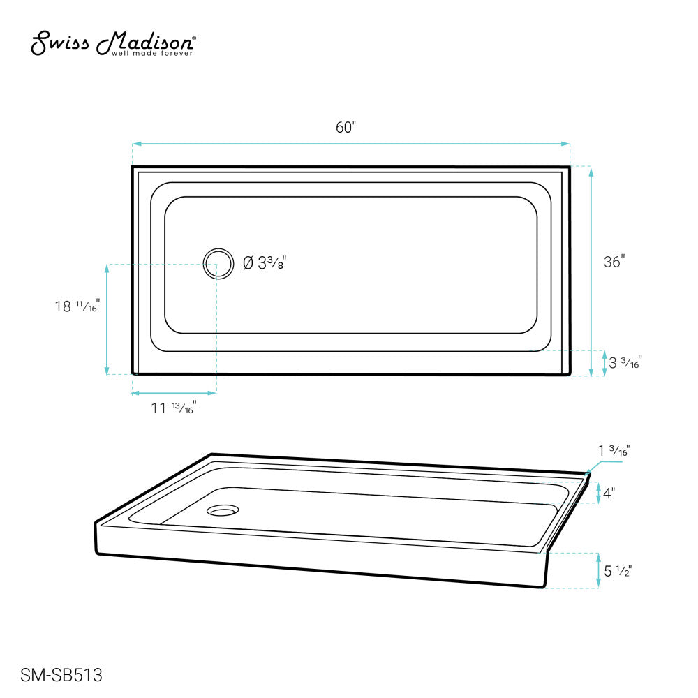 Voltaire 60 x 36 Acrylic White, Single-Threshold, Left-Hand Drain, Shower Base