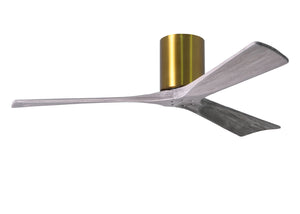 Matthews Fan IR3H-BRBR-BW-52 Irene-3H three-blade flush mount paddle fan in Brushed Brass finish with 52” solid barn wood tone blades. 