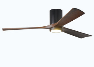 Matthews Fan IR3HLK-BK-WA-60 Irene-3HLK three-blade flush mount paddle fan in Matte Black finish with 60” solid walnut tone blades and integrated LED light kit.