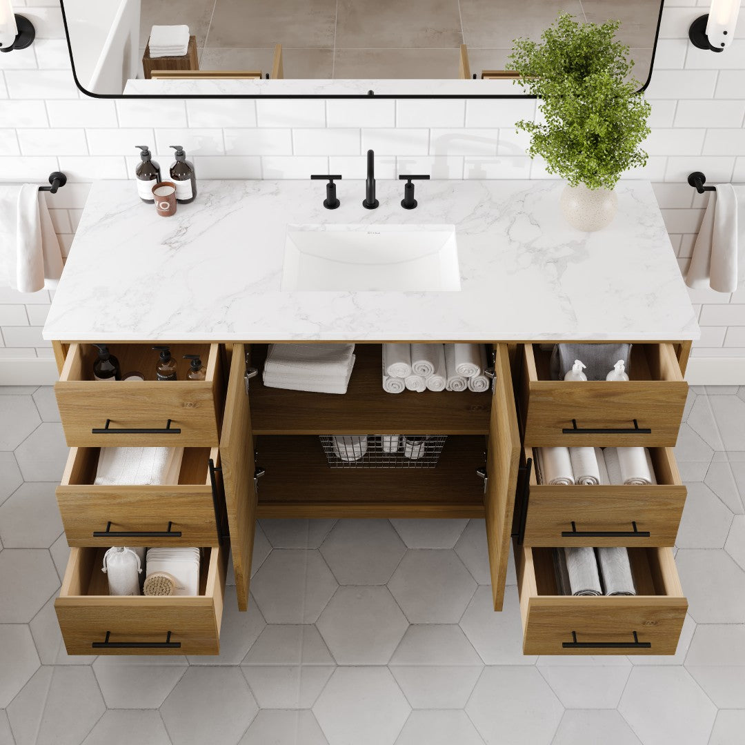 Graham 60 in. Oak Single Sink Bath Vanity with Arabescato Engineered Stone Top and Undermount Porcelain Sink