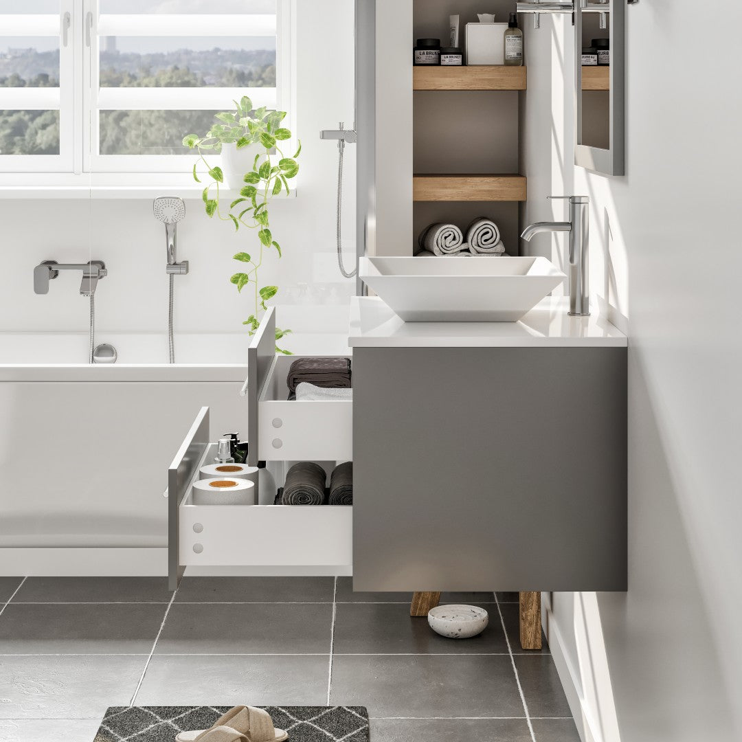 Wave 24 in. Gray Wall Mount Single Sink Bath Vanity with White Quartz Top and Vessel Porcelain Sink