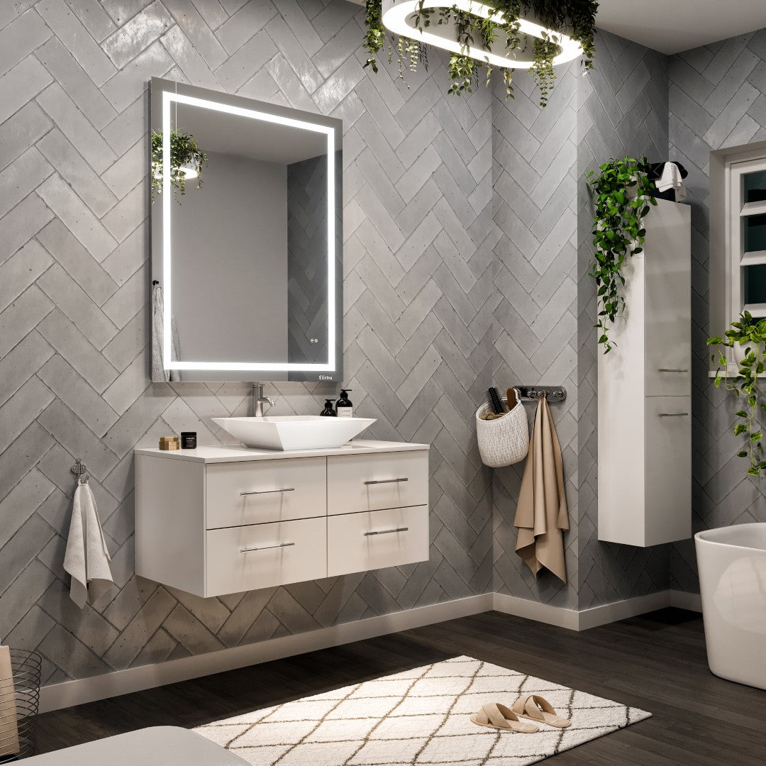 Wave 36 in. White Wall Mount Single Sink Bath Vanity with White Quartz Top and Vessel Porcelain Sink