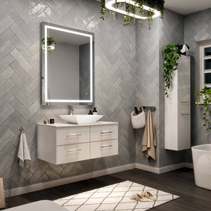 Wave 36 in. White Wall Mount Single Sink Bath Vanity with White Quartz Top and Vessel Porcelain Sink