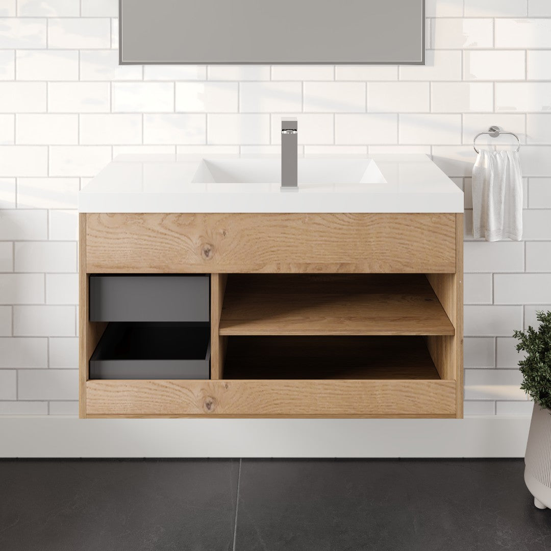 Lugano 36 in. Natural Oak Wall Mount Single Sink Bath Vanity with Acrylic Top and Integrated Sink