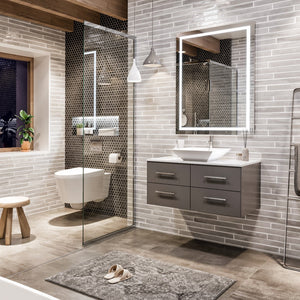 Wave 36 in. Gray Wall Mount Single Sink Bath Vanity with White Quartz Top and Vessel Porcelain Sink