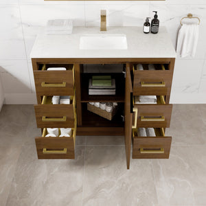 Curio 42 in. Walnut Single Sink Bath Vanity with Carrara Quartz Top and Undermount Porcelain Sink