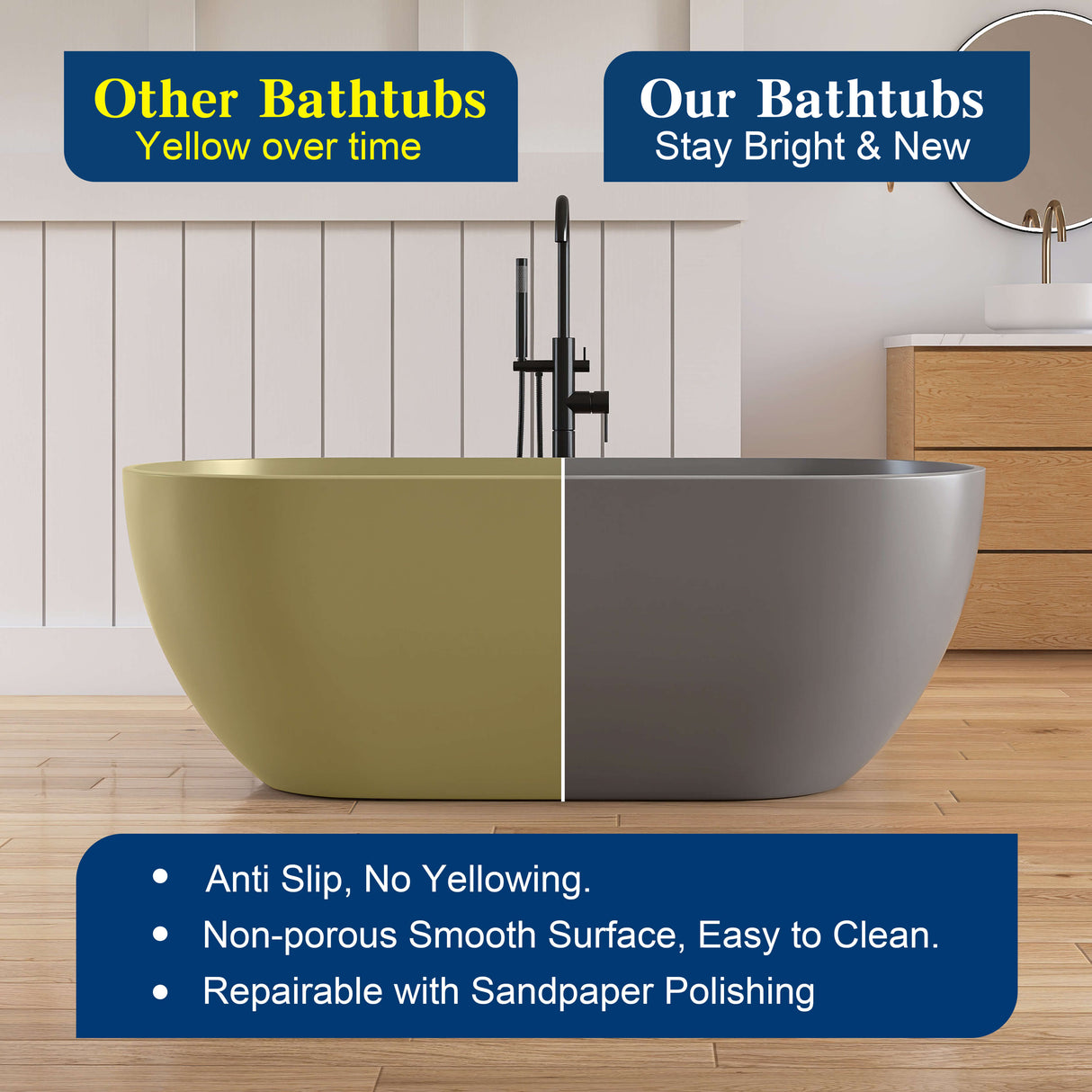 New England Home Goods Manaslu 59" Freestanding Tub in Gray - Stone Resin Solid Surface