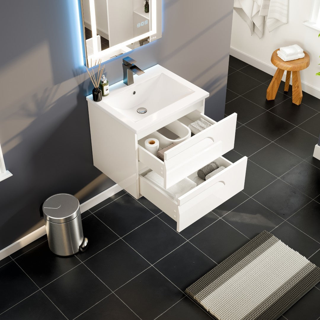 Joy 24 in. White Wall Mount Single Sink Bath Vanity with Porcelain Top and Integrated Sink