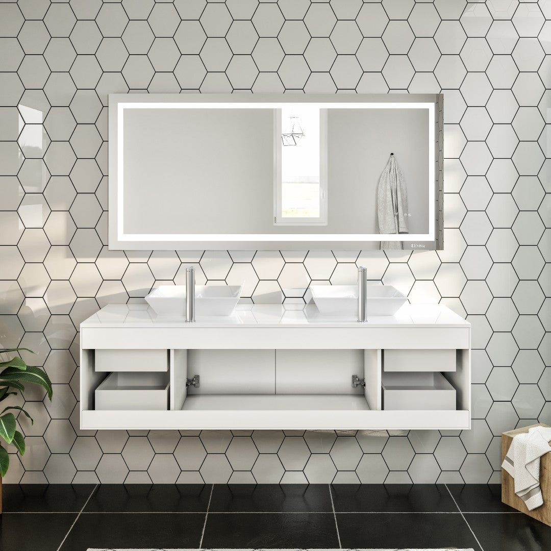 Wave 60 in. White Wall Mount Double Sink  Bath Vanity with White Quartz Top and Vessel Porcelain Sinks