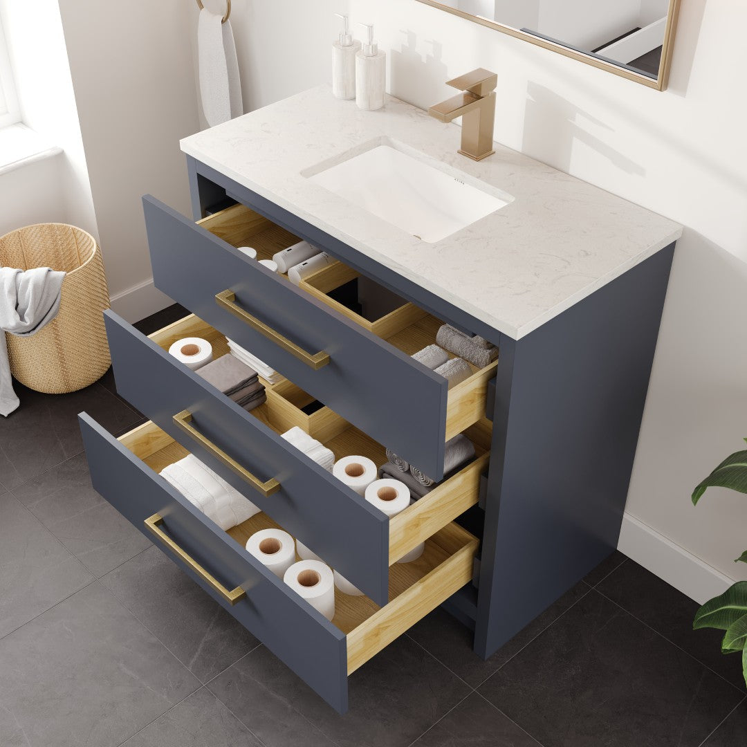 Curio 36 in. Dark Blue Single Sink Bath Vanity with Carrara Quartz Top and Undermount Porcelain Sink