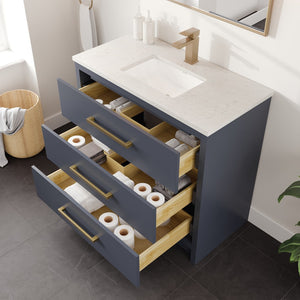 Curio 36 in. Dark Blue Single Sink Bath Vanity with Carrara Quartz Top and Undermount Porcelain Sink