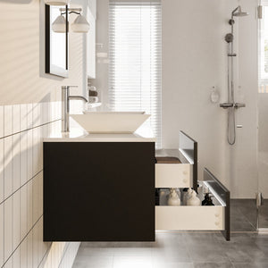 Wave 24 in. Espresso Wall Mount Single Sink Bath Vanity with White Quartz Top and Vessel Porcelain Sink