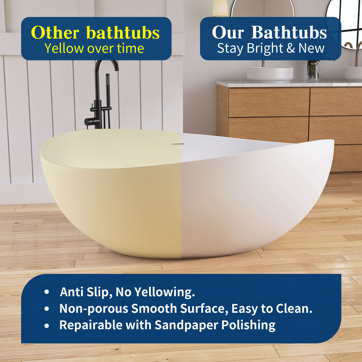 New England Home Goods K 63" Freestanding Tub in White - Stone Resin Solid Surface