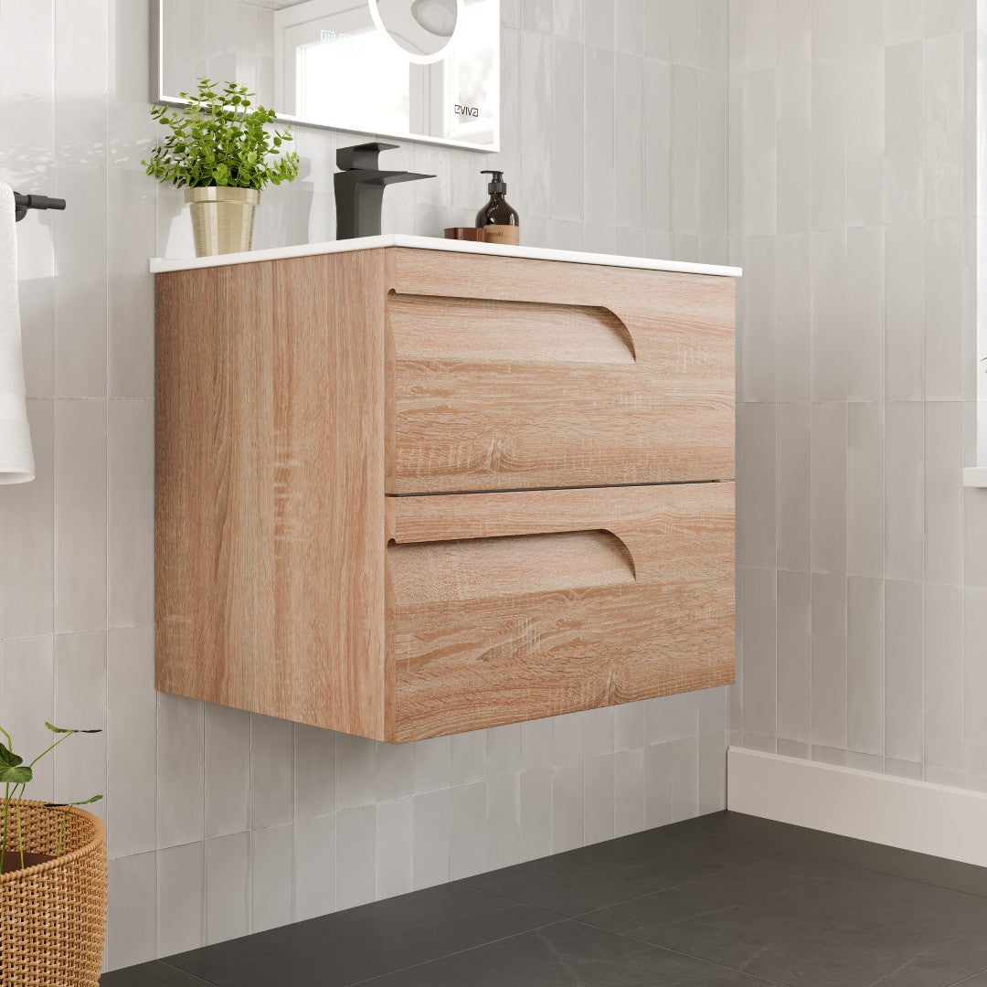 Joy 24 in. Maple Wall Mount Single Sink Bath Vanity with Porcelain Top and Integrated Sink