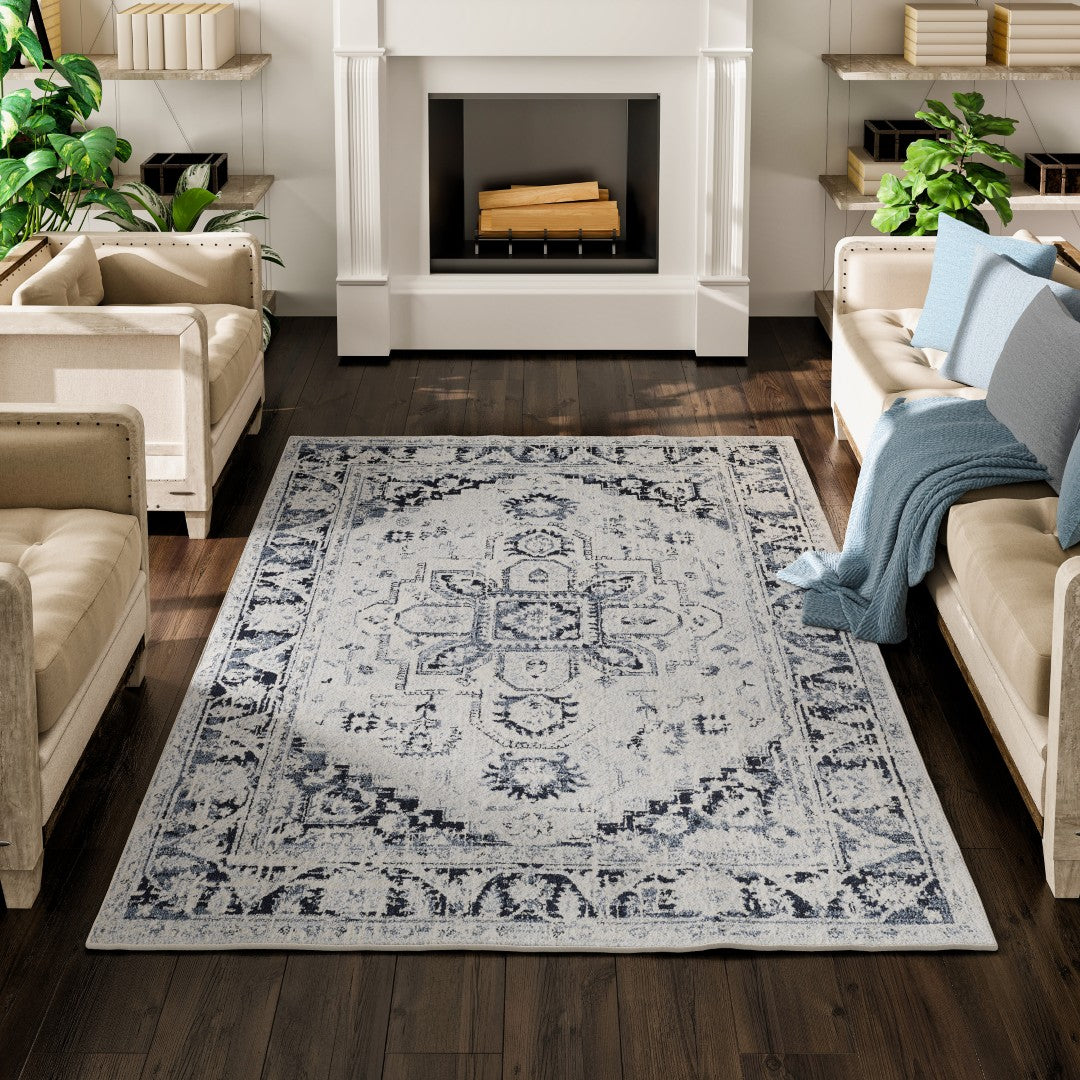 Eviva Capricorn 3' x 5' Oriental Blue/Cream Rug