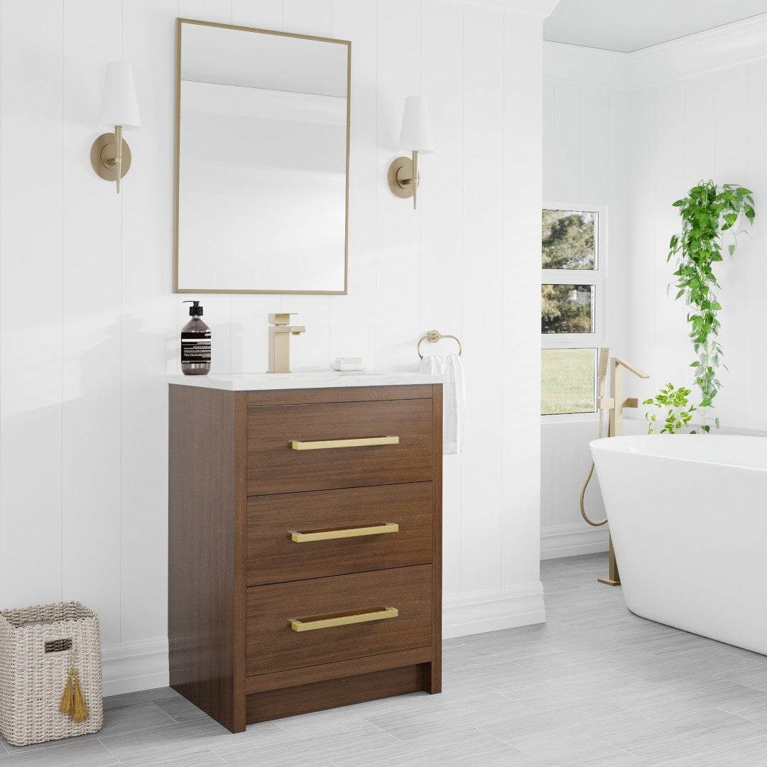 Curio 24 in. Walnut Single Sink Bath Vanity with Carrara Quartz Top and Undermount Porcelain Sink