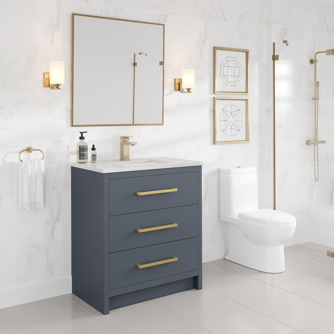 Curio 30 in. Dark Blue Single Sink Bath Vanity with Carrara Quartz Top and Undermount Porcelain Sink