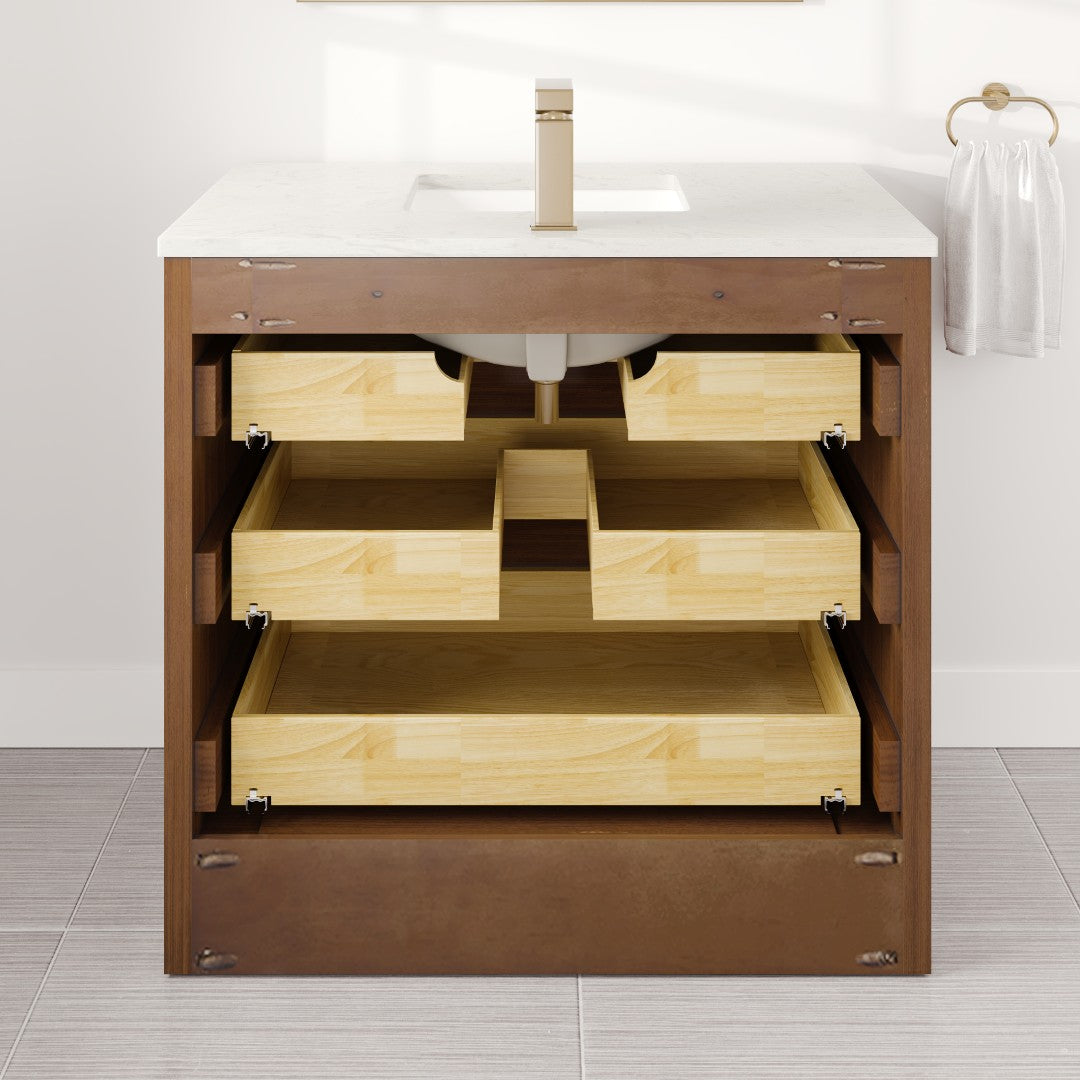 Curio 36 in. Walnut Single Sink Bath Vanity with Carrara Quartz Top and Undermount Porcelain Sink