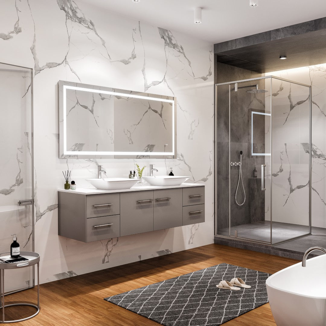 Wave 60 in. Gray Wall Mount Double Sink  Bath Vanity with White Quartz Top and Vessel Porcelain Sinks