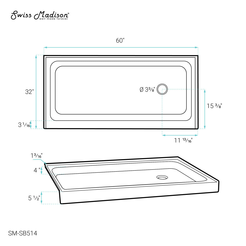 Voltaire 60 x 32 Acrylic White, Single-Threshold, Right-Hand Drain, Shower Base